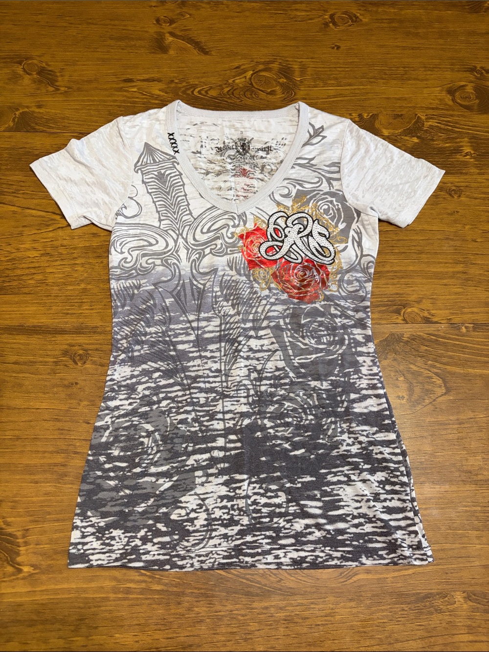 Rebel Spirit Y2K Rhinestone Rose Sword Graphic Burnout Tee Small